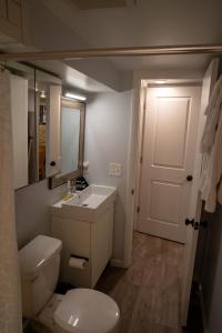 y baño con aseo, lavabo y espejo. en Centrally Located DC Apt Bloomingdale en Washington