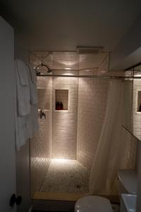 y baño con ducha con luz. en Centrally Located DC Apt Bloomingdale en Washington