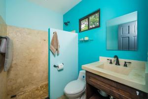 Un baño azul con inodoro y lavabo. en Casita Mar Y Posa, en Potrero 38 fotos más