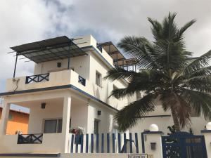 a white building with a palm tree in front of it at Maio Relax in Vila do Porto