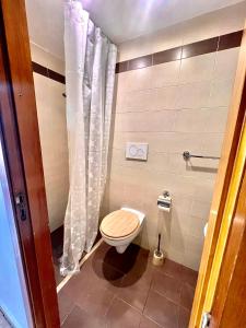 een badkamer met een toilet en een douchegordijn bij Casa Vacanza L'Alchimista Mottola in Mottola