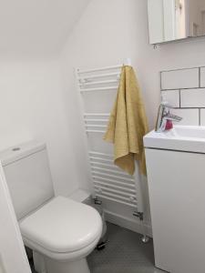 bagno con servizi igienici bianchi e lavandino di Private room with terrace and free parking a Edimburgo