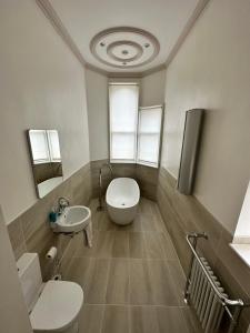 a bathroom with a toilet and a sink at Beautiful Grade II listed apartment. in Leek