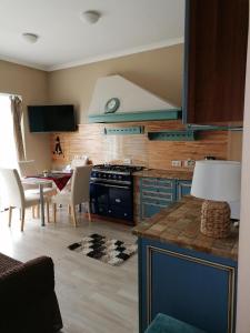 a kitchen with a stove and a table with chairs at Queency Apartament cu gradina și parcare gratuita in Cluj-Napoca