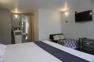 ein Hotelzimmer mit einem Bett und einem Flachbild-TV in der Unterkunft Farsal Villa in Srinagar