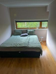 1 dormitorio con 1 cama y ventana grande en Koselig leilighet med et skritt unna skibakken! en Kongsberg