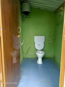 a bathroom with a toilet in a green room at Croods Farm Stay - Kodaikanal in Kodaikānāl