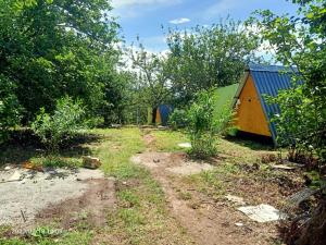un jardín con un cobertizo y un camino de tierra en Croods Farm Stay - Kodaikanal, en Kodaikanal