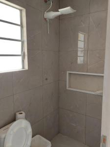 uma casa de banho com um WC e um chuveiro em Casa laranjal em Pelotas