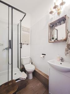 a bathroom with a toilet and a sink and a mirror at Stara Willa in Jagniątków