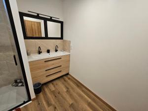 un bagno con lavandino e specchio di Maison entière proche plage a Saint-Léonard Altre 8 foto
