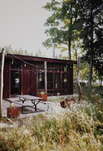ein Haus mit einem Picknicktisch davor in der Unterkunft NorthShore Modern Cabin 626 in Northport