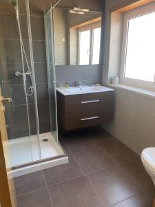 a bathroom with a sink and a shower and a toilet at Chez Ilda - Casa da Ilda Alojamento Local 