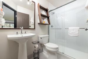 ein Bad mit einem WC, einem Waschbecken und einer Dusche in der Unterkunft MTN Lodge Ridgway in Ridgway
