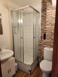 a bathroom with a shower and a toilet and a sink at * Cotswolds Get-Away Annex * in Cleeve Prior