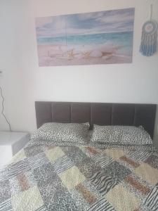 1 dormitorio con 1 cama con una foto en la pared en Flat e Suítes Praia de São Bento, en Maragogi