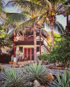 una casa con palmeras delante en Cabañas Punta Placer en San Agustinillo