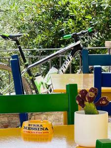 un vélo garé à côté d'une table avec une plante dans l'établissement Agrolea, à Terme Vigliatore