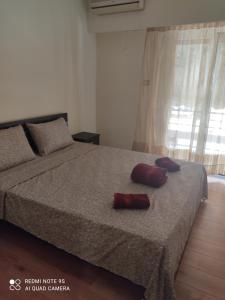 ein Schlafzimmer mit einem Bett mit zwei roten Kissen darauf in der Unterkunft All saints in Athen