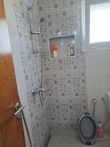 La salle de bains est pourvue d'une douche et de toilettes. dans l'établissement prestige, à Kerkouene