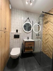 łazienka z toaletą i lustrem w obiekcie Hi Apartments Kozia w Kielcach