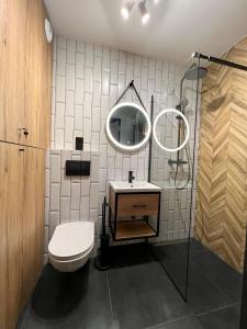 a bathroom with a toilet and a mirror at Hi Apartments Kozia in Kielce +33 photos
