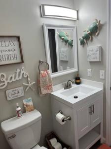 een badkamer met een wastafel, een toilet en een spiegel bij Papa's Escape in Brunswick