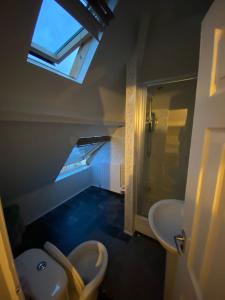 bagno con servizi igienici, lavandino e finestra di Cosy Room in city centre a Newcastle upon Tyne