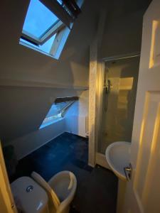 a bathroom with a toilet and a sink and a window at Cosy Room in city centre in Newcastle upon Tyne