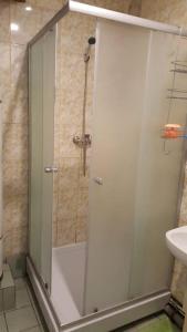 um chuveiro com uma porta de vidro na casa de banho em Cozy Apartment em Alūksne