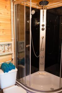 a bathroom with a shower and a toilet at Sowi Dworek in Sychowo +50 photos