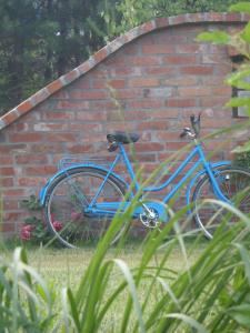 a blue bike parked against a brick wall at Sowi Dworek in Sychowo