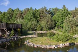 a bridge over a river next to a forest at Sowi Dworek in Sychowo
