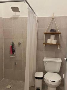 a bathroom with a toilet and a shower curtain at Casa Colibrí in Cozumel
