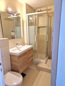 La salle de bains est pourvue de toilettes, d'un lavabo et d'une douche. dans l'établissement Appartement aux Minimes Magnifique Vue Mer au pied de la Plage 50m2-2ch., à La Rochelle
