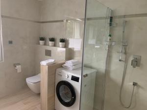 a bathroom with a washing machine and a shower at Apartment Naturjuwel in Hünxe