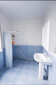 La salle de bains bleue et blanche est pourvue d'un lavabo et d'une douche. dans l'établissement Yan's House, à Alaverdi