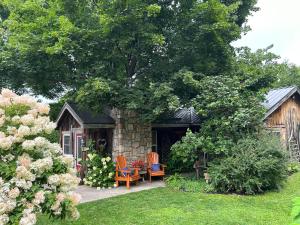 a garden with two chairs and a table on a patio at Cozy Guest House close to Wasaga Beach & Blue Mtn in Nottawa