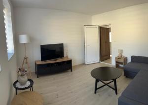 - un salon avec un canapé et une télévision dans l'établissement New studio apartment with separate kitchen in center of Ruma, à Ruma