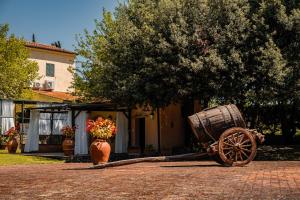 a barrel and vases sitting in front of a house at MONOLOCALE CASENUOVE con GIARDINO in Castiglioncello