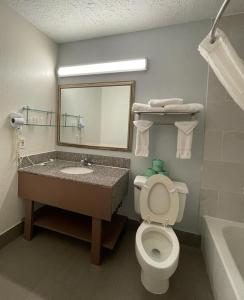 a bathroom with a toilet and a sink and a mirror at Ramada by Wyndham Indianapolis Speedway in Indianapolis