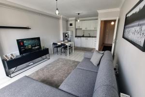 ein Wohnzimmer mit einem grauen Sofa und einer Küche in der Unterkunft 2 BR Tower View Retreat in Istanbul