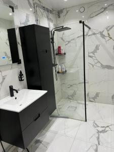 ein Bad mit einer Dusche, einem Waschbecken und einer Duschkabine aus Glas in der Unterkunft Rum i lyxig lägenhet nära Emporia in Malmö