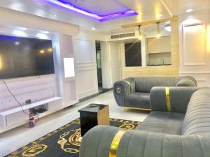 a living room with couches and a large flat screen tv at Luxurious B in Lagos
