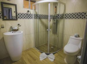 a bathroom with a shower and a toilet and a sink at Hotel Villas Tiburon in Holbox Island