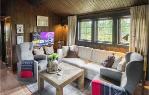 a living room with a couch and chairs and a tv at Beautiful Home In stby With Sauna, Wifi And 4 Bedrooms in Østby