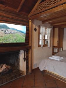 a bedroom with a fireplace and a bed and a television at Cabaña los Aromos in Maipú