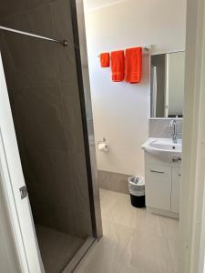 ein Bad mit einer Dusche und einem Waschbecken in der Unterkunft Winton Outback Motel in Winton