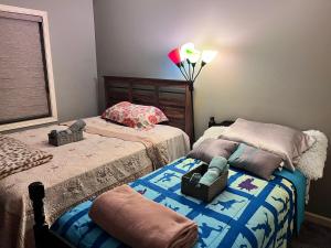 a bedroom with two beds and a lamp at Petit Domicile QUEEN & TWIN Beds Main Floor in Lincoln