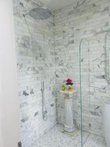 a bathroom with a shower and a pedestal sink at Woollahra house beautiful 3 bedroom terrace in Sydney